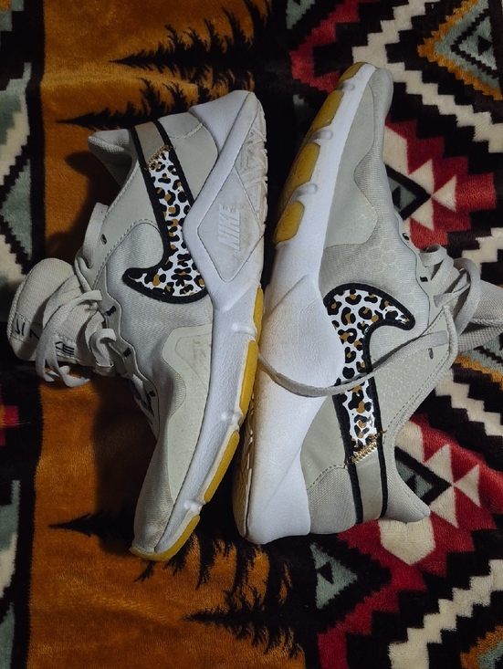 Nike Shoes - Nike White Sneakers with Leopard-Print Swoosh and Yellow Accents